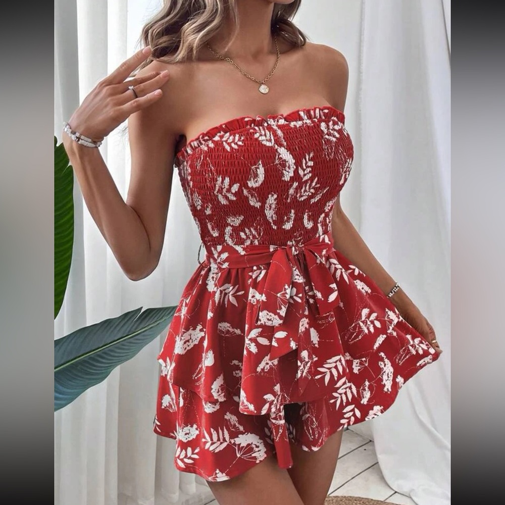 Floral Print smocked Ruffle tube Top Red Belt Romper